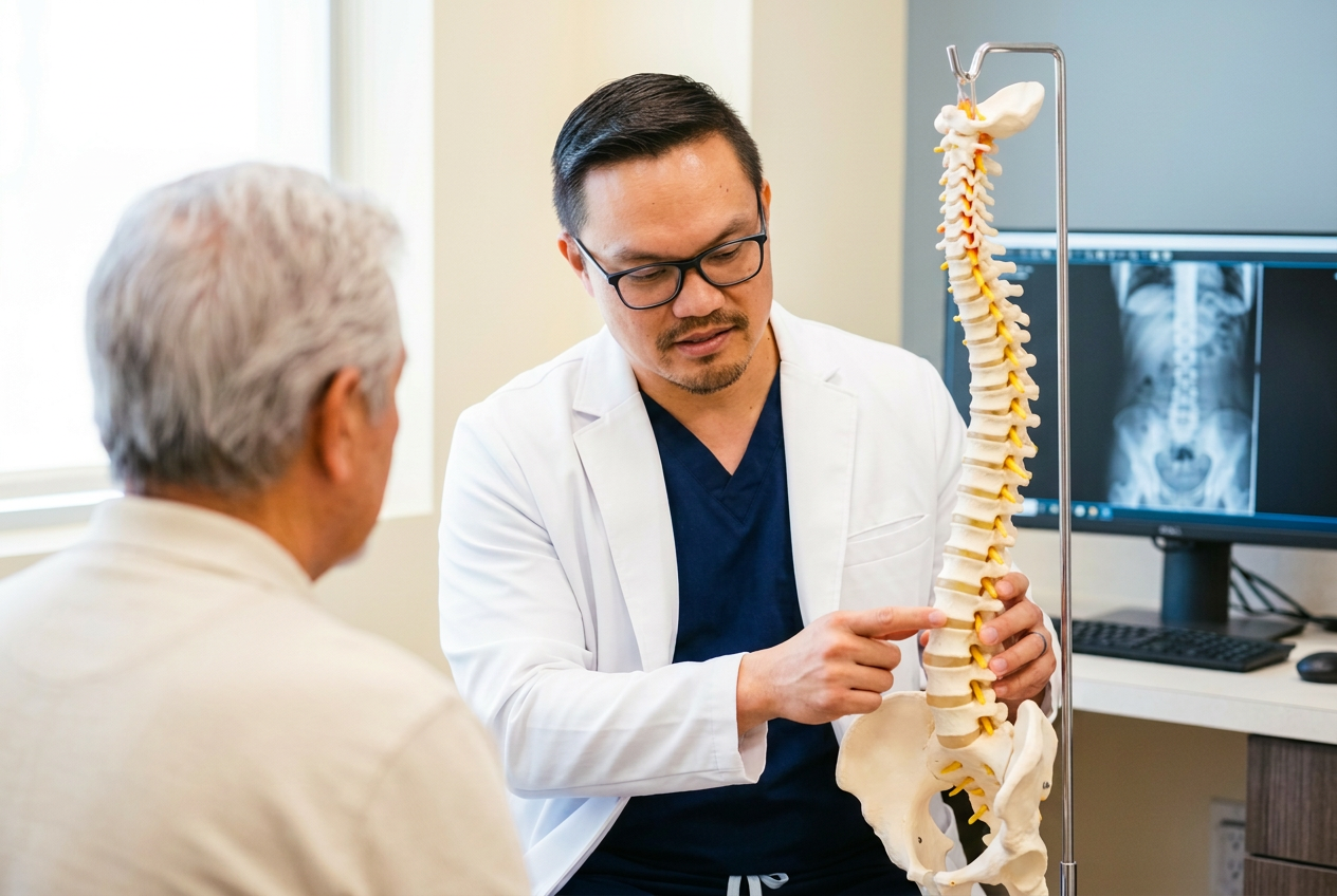 Jonas Santos, DO explaining a spinal model to a patient