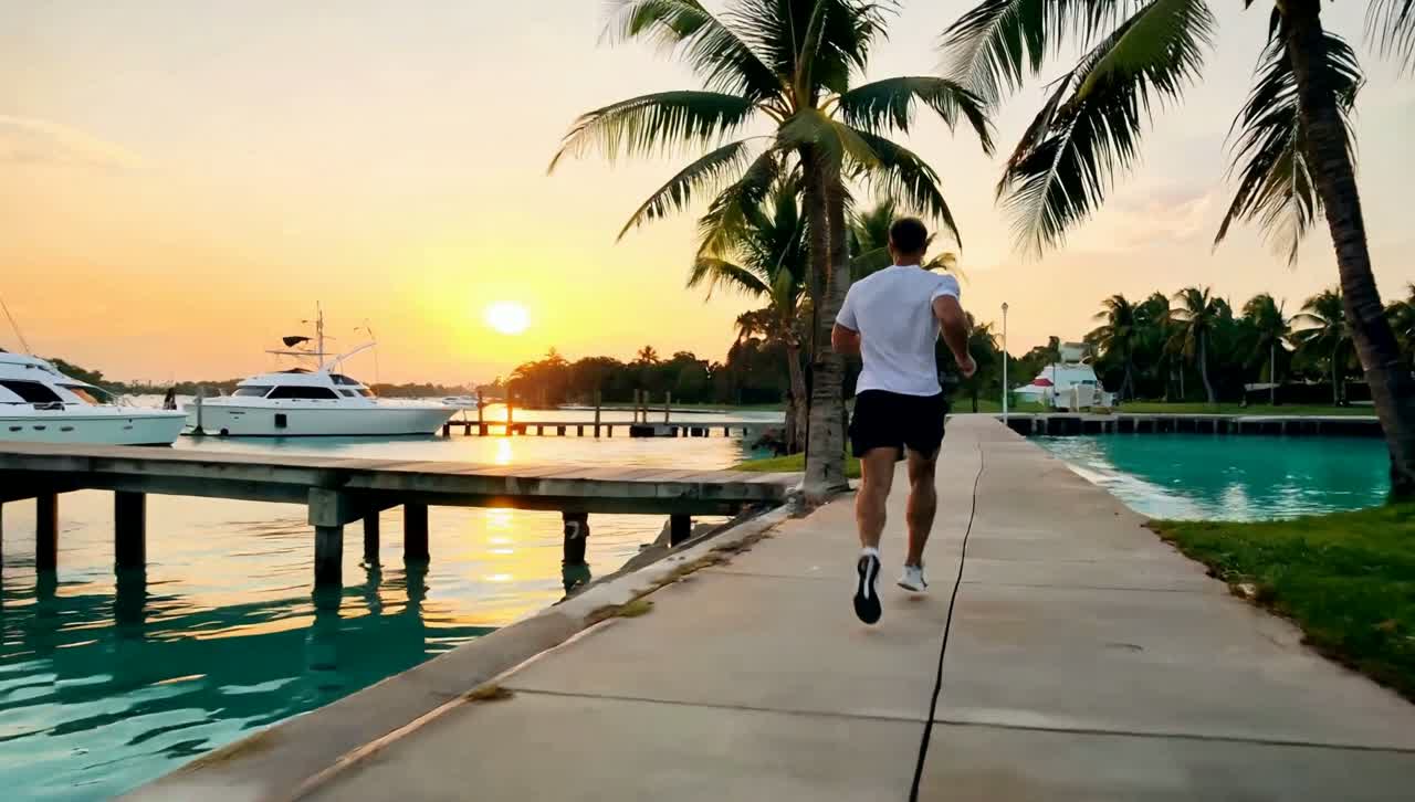 Runner moving along a Sarasota waterfront at sunrise